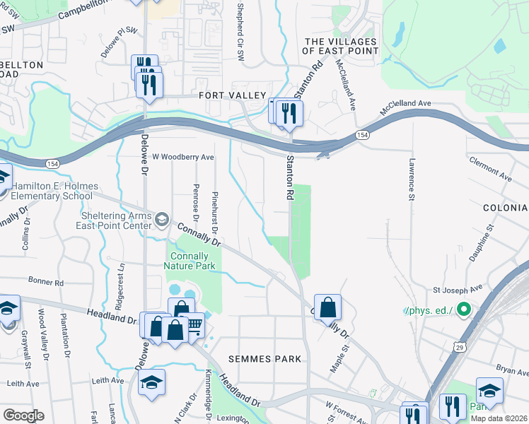 map of restaurants, bars, coffee shops, grocery stores, and more near 2186 Pointview Drive in East Point