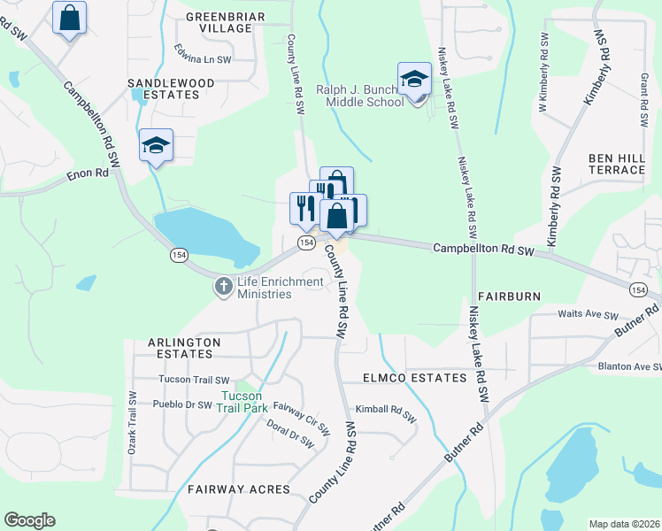map of restaurants, bars, coffee shops, grocery stores, and more near 4287 Notting Hill Drive Southwest in Atlanta