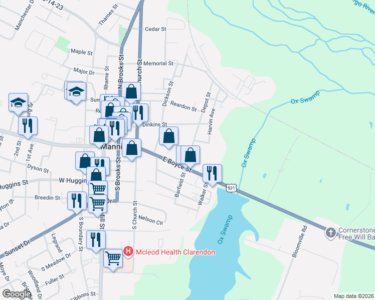map of restaurants, bars, coffee shops, grocery stores, and more near 27 Barfield Street in Manning