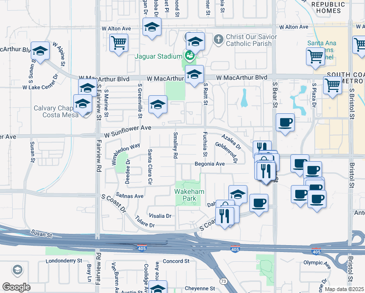 map of restaurants, bars, coffee shops, grocery stores, and more near 1030 Damascus Circle in Costa Mesa