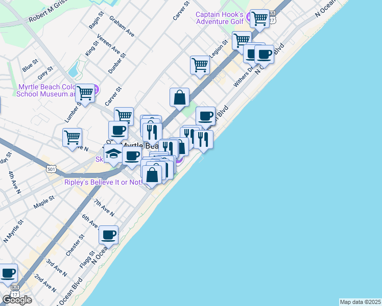 map of restaurants, bars, coffee shops, grocery stores, and more near 1204 North Ocean Boulevard in Myrtle Beach