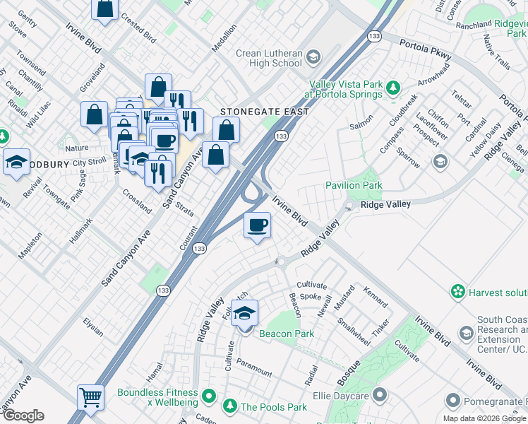 map of restaurants, bars, coffee shops, grocery stores, and more near 109 Mirth in Irvine