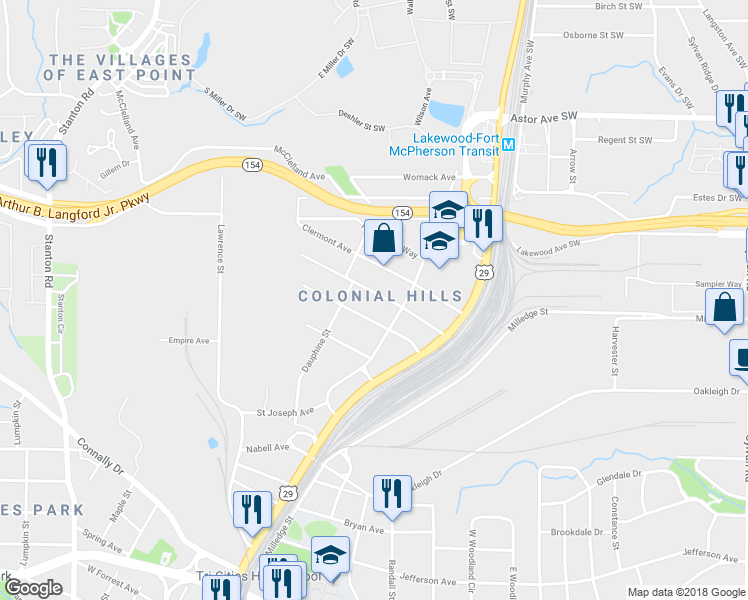 map of restaurants, bars, coffee shops, grocery stores, and more near 1396 Elizabeth Lane in Atlanta