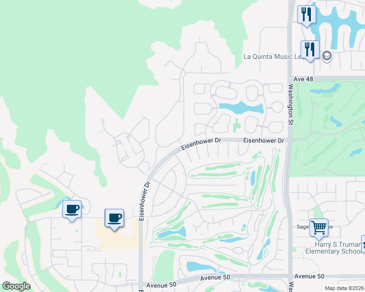 map of restaurants, bars, coffee shops, grocery stores, and more near 0 Eisenhower Drive in La Quinta