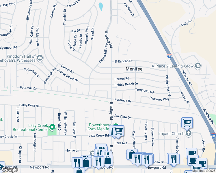 map of restaurants, bars, coffee shops, grocery stores, and more near 29673 Pebble Beach Drive in Menifee