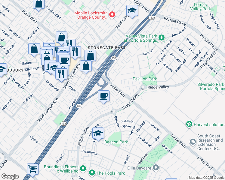 map of restaurants, bars, coffee shops, grocery stores, and more near 102 Fable in Irvine