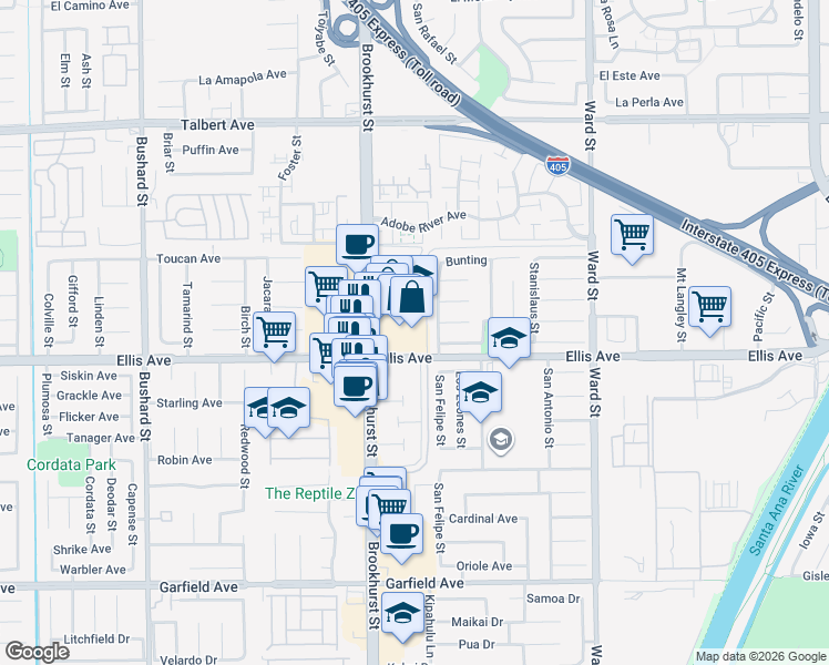map of restaurants, bars, coffee shops, grocery stores, and more near 10035 Ellis Avenue in Fountain Valley
