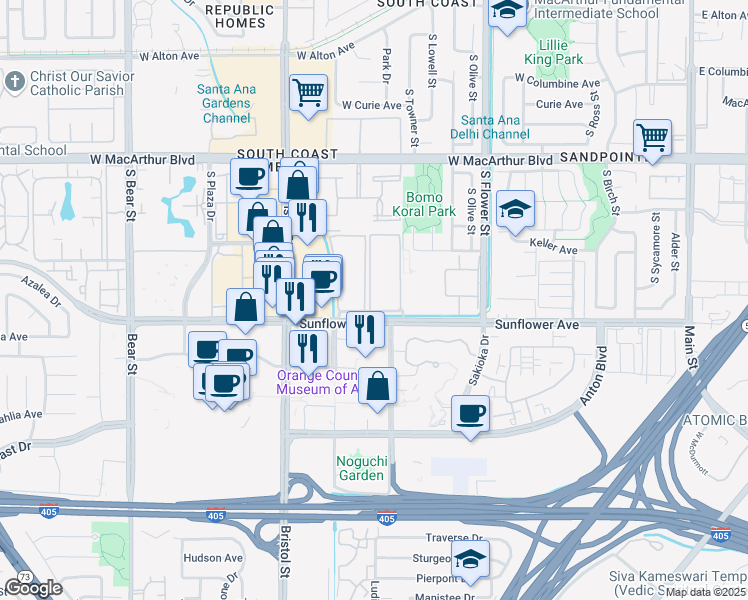 map of restaurants, bars, coffee shops, grocery stores, and more near 1001 West Stevens Avenue in Santa Ana