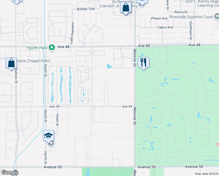 map of restaurants, bars, coffee shops, grocery stores, and more near 48638 Anastacia Court in Indio