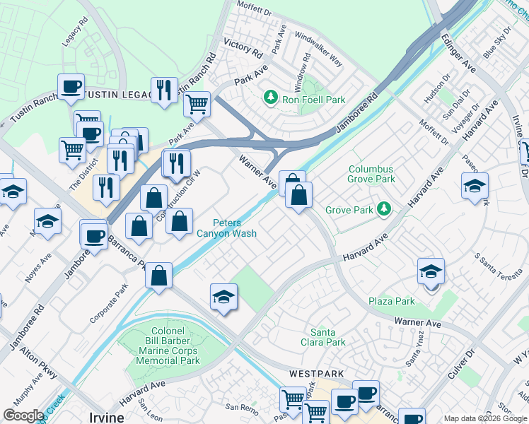 map of restaurants, bars, coffee shops, grocery stores, and more near 49 Snowdrop Tree in Irvine