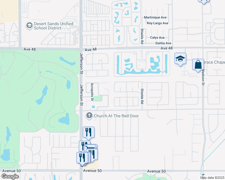 map of restaurants, bars, coffee shops, grocery stores, and more near 48631 Via Carisma in Indio