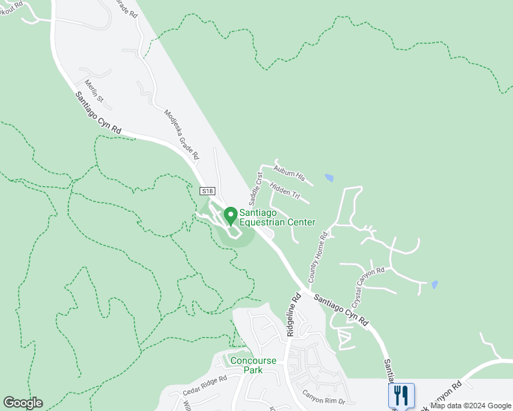 map of restaurants, bars, coffee shops, grocery stores, and more near 18302 Saddle Crest in Silverado