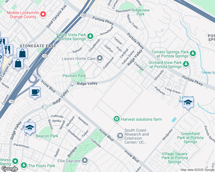 map of restaurants, bars, coffee shops, grocery stores, and more near 104 Ridge Valley in Irvine