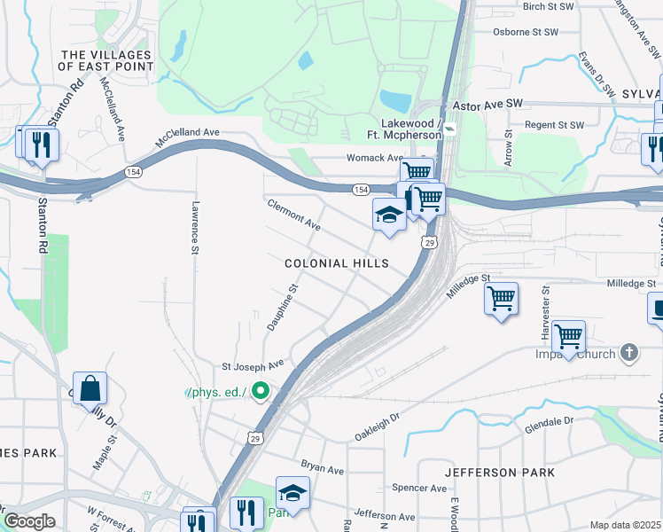 map of restaurants, bars, coffee shops, grocery stores, and more near 1409 Saint Michael Avenue in East Point