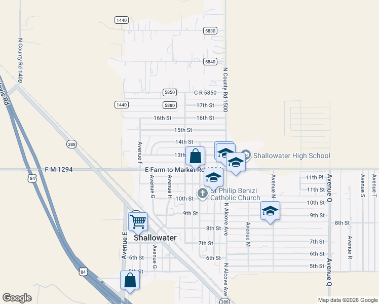 map of restaurants, bars, coffee shops, grocery stores, and more near 903 13th Street in Shallowater