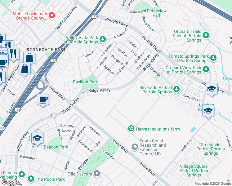 map of restaurants, bars, coffee shops, grocery stores, and more near 104 Ridge Valley in Irvine
