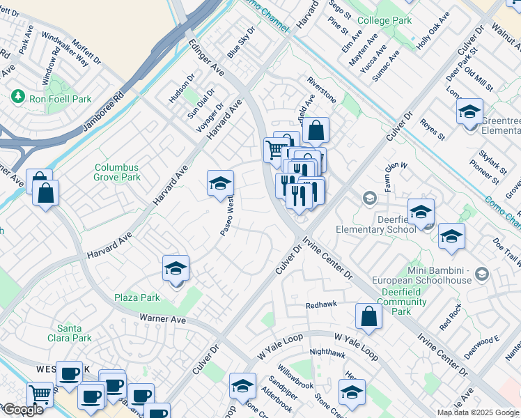 map of restaurants, bars, coffee shops, grocery stores, and more near 38 Arbusto in Irvine