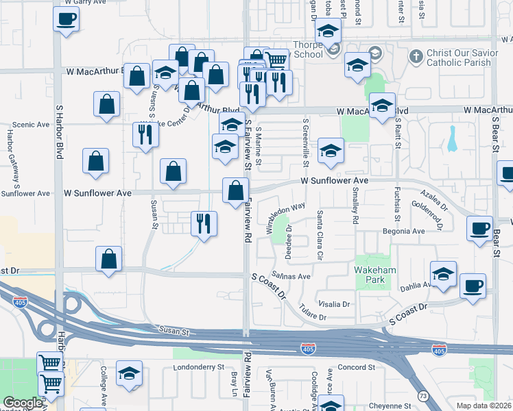map of restaurants, bars, coffee shops, grocery stores, and more near 3475 Windsor Court in Costa Mesa