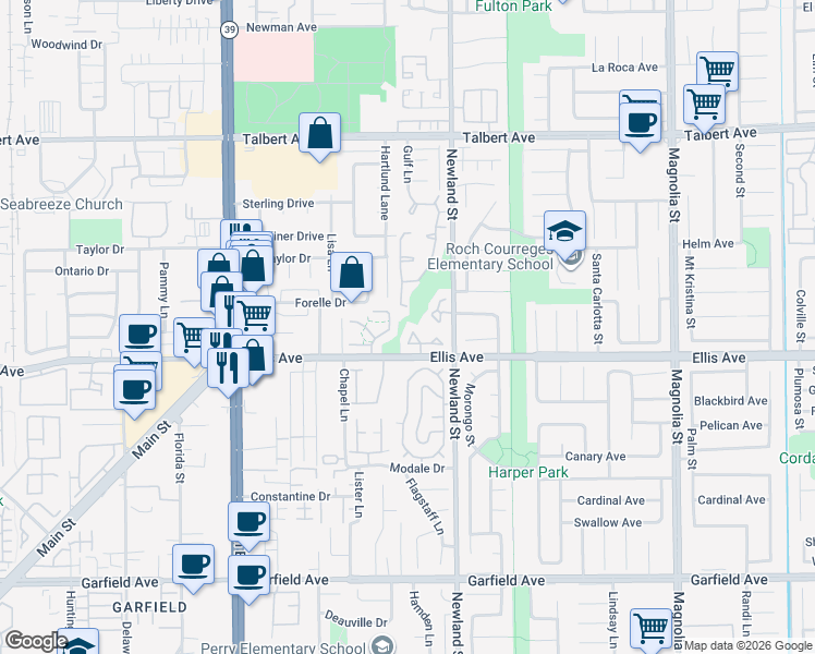 map of restaurants, bars, coffee shops, grocery stores, and more near 8372 Bluff Circle in Huntington Beach