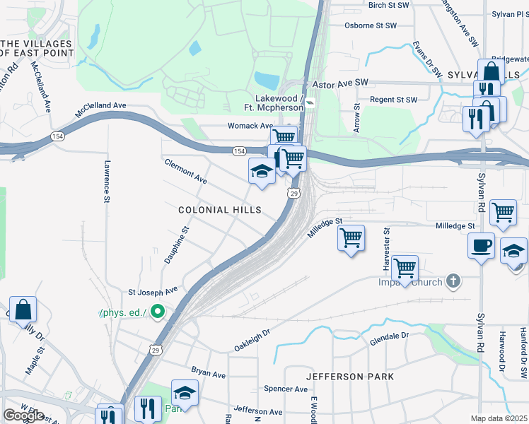 map of restaurants, bars, coffee shops, grocery stores, and more near 1327 Elizabeth Lane in East Point