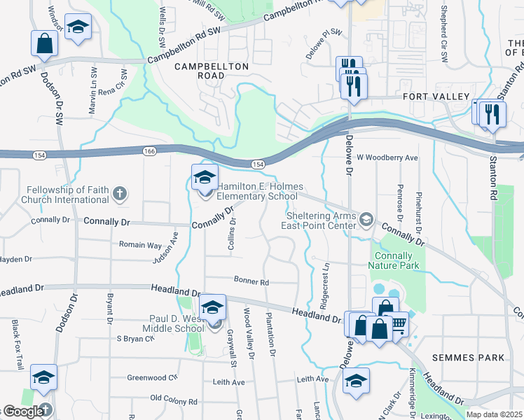 map of restaurants, bars, coffee shops, grocery stores, and more near 2214 Plantation Drive in East Point