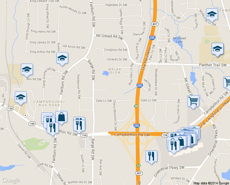 map of restaurants, bars, coffee shops, grocery stores, and more near 2139 Briar Glen Lane Southwest in Atlanta