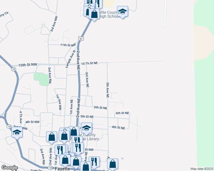 map of restaurants, bars, coffee shops, grocery stores, and more near 400 East Side Appartments in Fayette