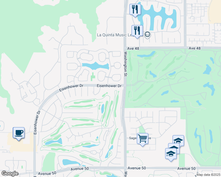 map of restaurants, bars, coffee shops, grocery stores, and more near 47710 Eisenhower Drive in La Quinta