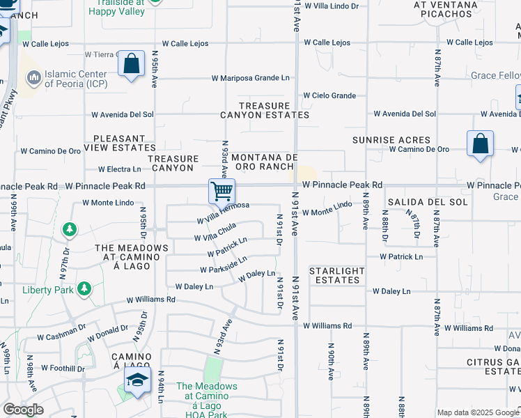 map of restaurants, bars, coffee shops, grocery stores, and more near 23095 North 92nd Avenue in Peoria