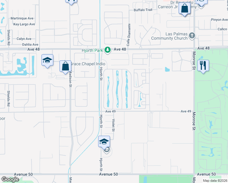 map of restaurants, bars, coffee shops, grocery stores, and more near 48170 Hjorth Street in Indio
