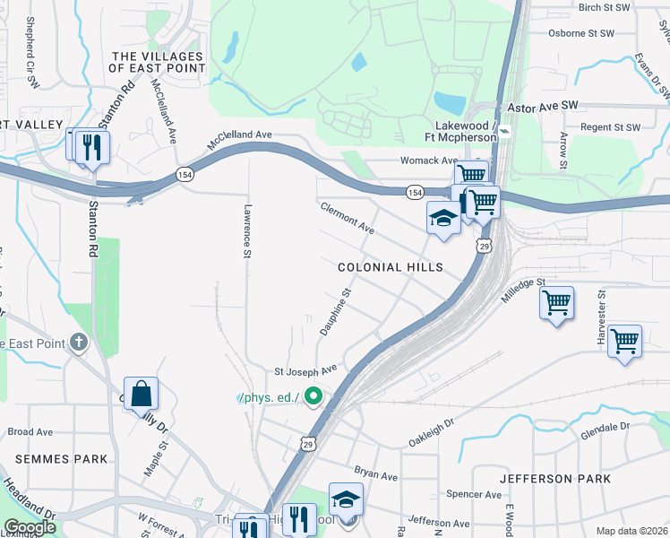 map of restaurants, bars, coffee shops, grocery stores, and more near 1470 Saint Michael Avenue in East Point