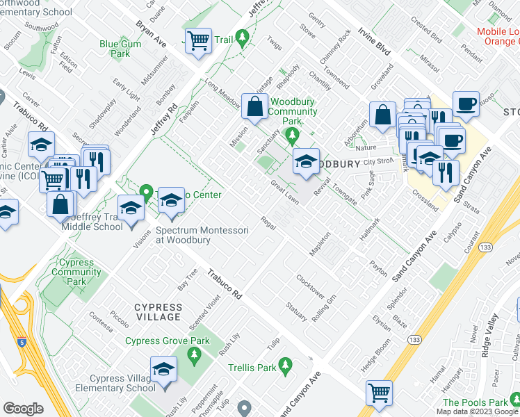 map of restaurants, bars, coffee shops, grocery stores, and more near 127 Regal in Irvine