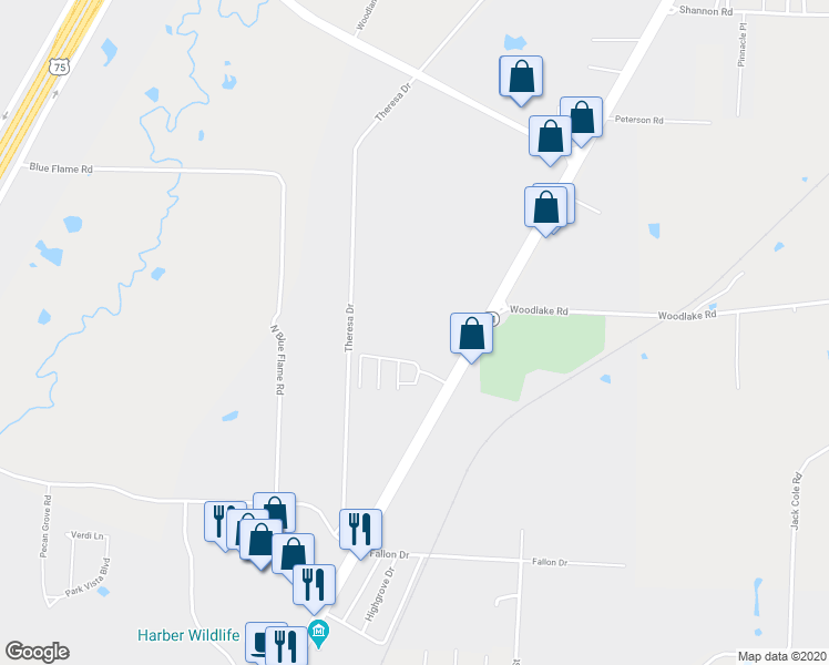 map of restaurants, bars, coffee shops, grocery stores, and more near 5700 Texoma Pkwy in Sherman