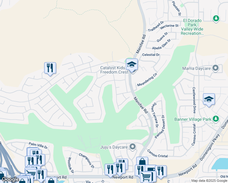 map of restaurants, bars, coffee shops, grocery stores, and more near 29263 Hidden Lake Drive in Menifee