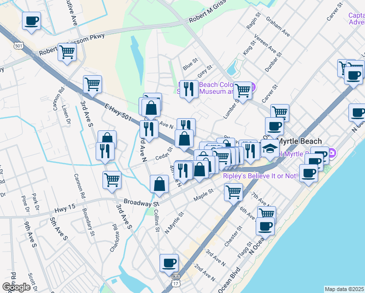 map of restaurants, bars, coffee shops, grocery stores, and more near 1000 U.S. 501 in Myrtle Beach