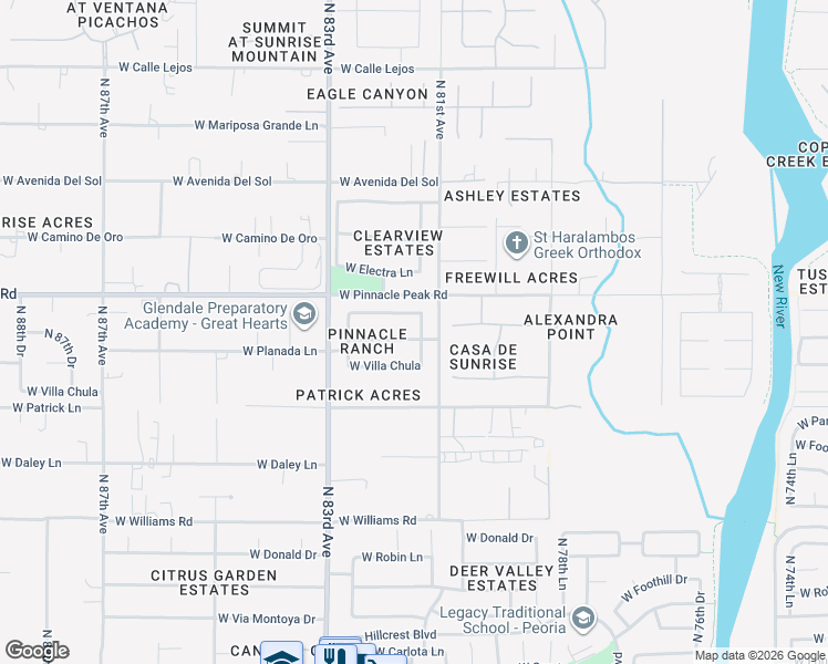 map of restaurants, bars, coffee shops, grocery stores, and more near 8115 West Planada Lane in Peoria