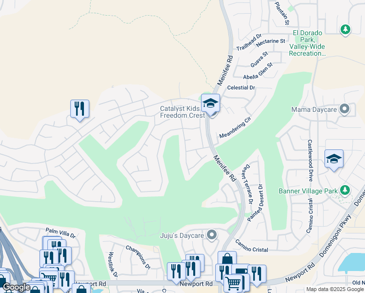 map of restaurants, bars, coffee shops, grocery stores, and more near 29263 Hidden Lake Drive in Menifee