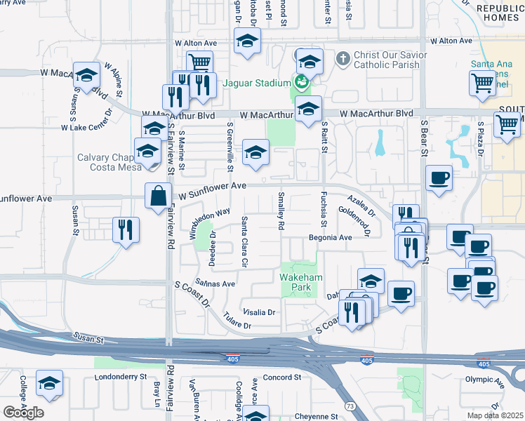map of restaurants, bars, coffee shops, grocery stores, and more near 3460 San Rafael Circle in Costa Mesa