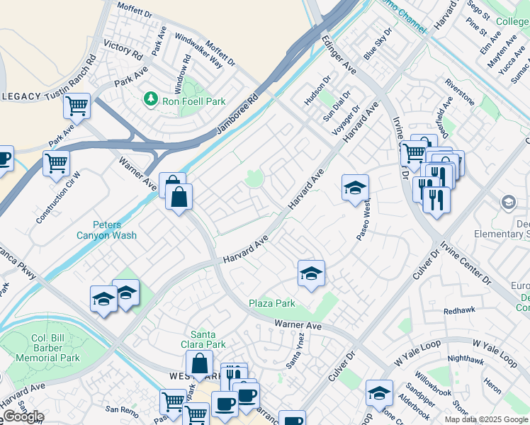 map of restaurants, bars, coffee shops, grocery stores, and more near 15555 Jasmine Place in Tustin