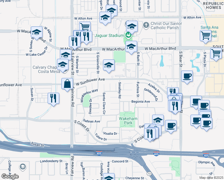 map of restaurants, bars, coffee shops, grocery stores, and more near 3460 San Rafael Circle in Costa Mesa