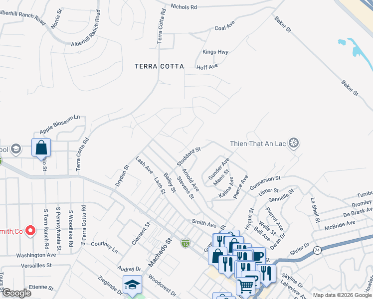 map of restaurants, bars, coffee shops, grocery stores, and more near 842 Porta Marina Lane in Lake Elsinore
