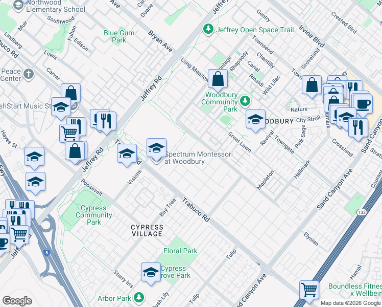 map of restaurants, bars, coffee shops, grocery stores, and more near 59 Waterspout in Irvine