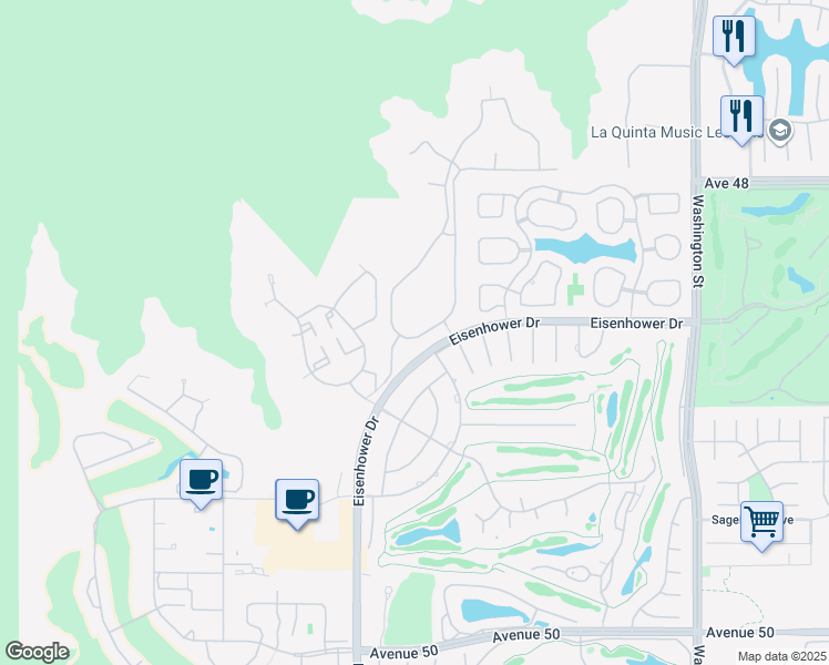 map of restaurants, bars, coffee shops, grocery stores, and more near 77880 Desert Drive in La Quinta