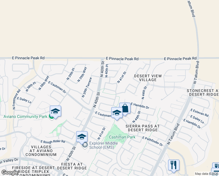 map of restaurants, bars, coffee shops, grocery stores, and more near 4041 East Hashknife Road in Phoenix