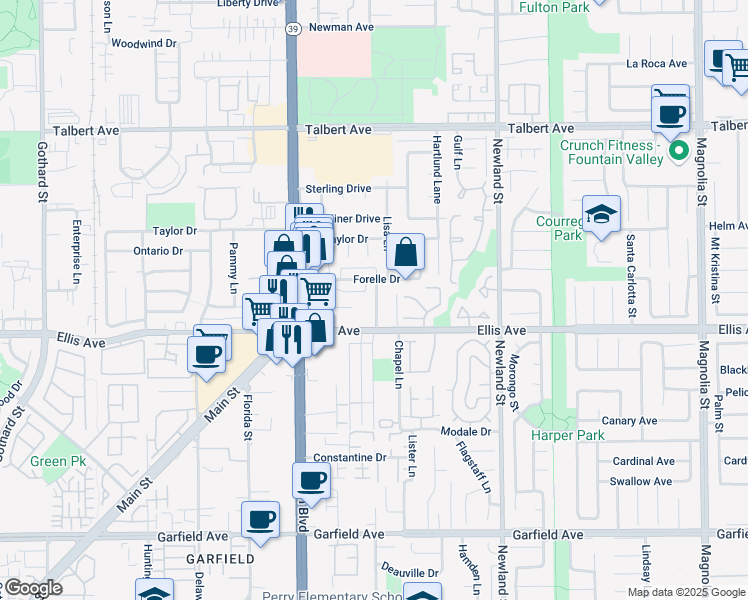 map of restaurants, bars, coffee shops, grocery stores, and more near 18401 Goodwin Lane in Huntington Beach