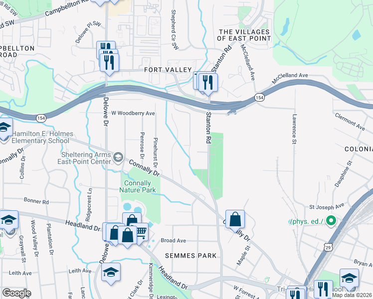 map of restaurants, bars, coffee shops, grocery stores, and more near 2186 Pointview Drive in East Point