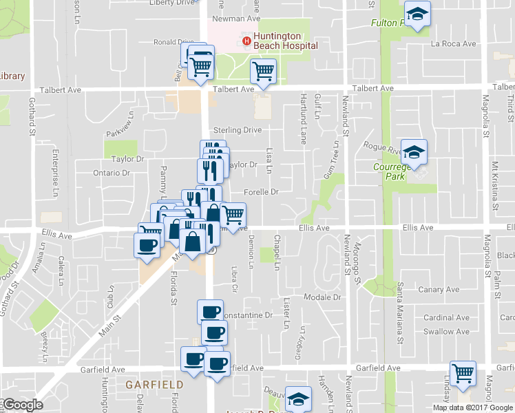 map of restaurants, bars, coffee shops, grocery stores, and more near 18401 Goodwin Lane in Huntington Beach