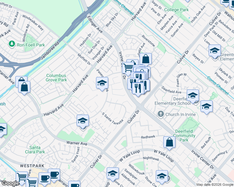 map of restaurants, bars, coffee shops, grocery stores, and more near 18 Ghiberti in Irvine