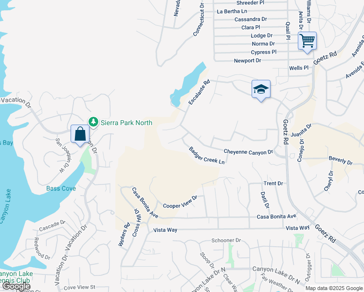 map of restaurants, bars, coffee shops, grocery stores, and more near 23317 Badger Creek Lane in Canyon Lake