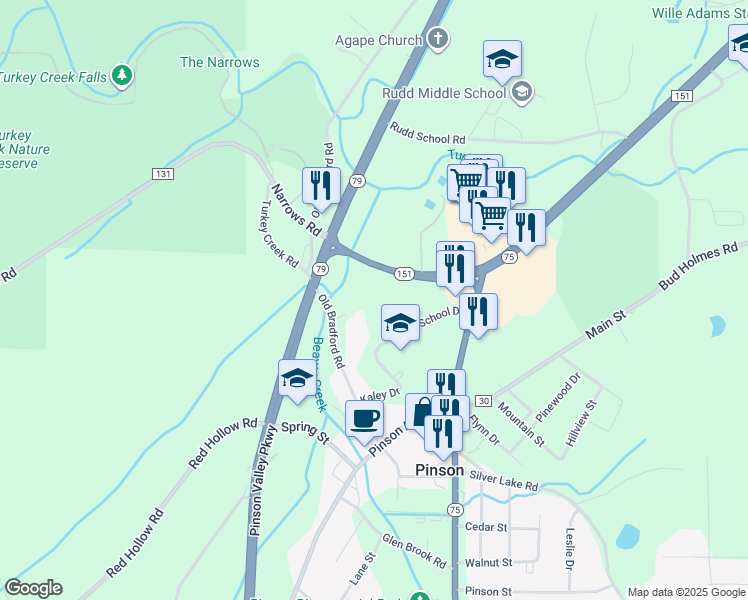 map of restaurants, bars, coffee shops, grocery stores, and more near 6551 Alabama 151 in Pinson